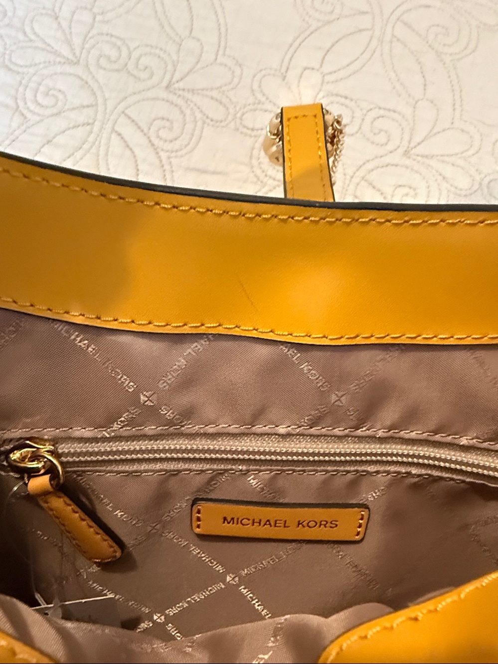 Michael Kors Yellow Leather Shoulder Tote with Gold MK Charm - Picture 5 of 7
